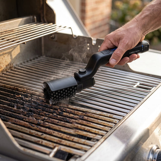 CARA Grill Pro electric BBQ brush clearing grease from grill grate