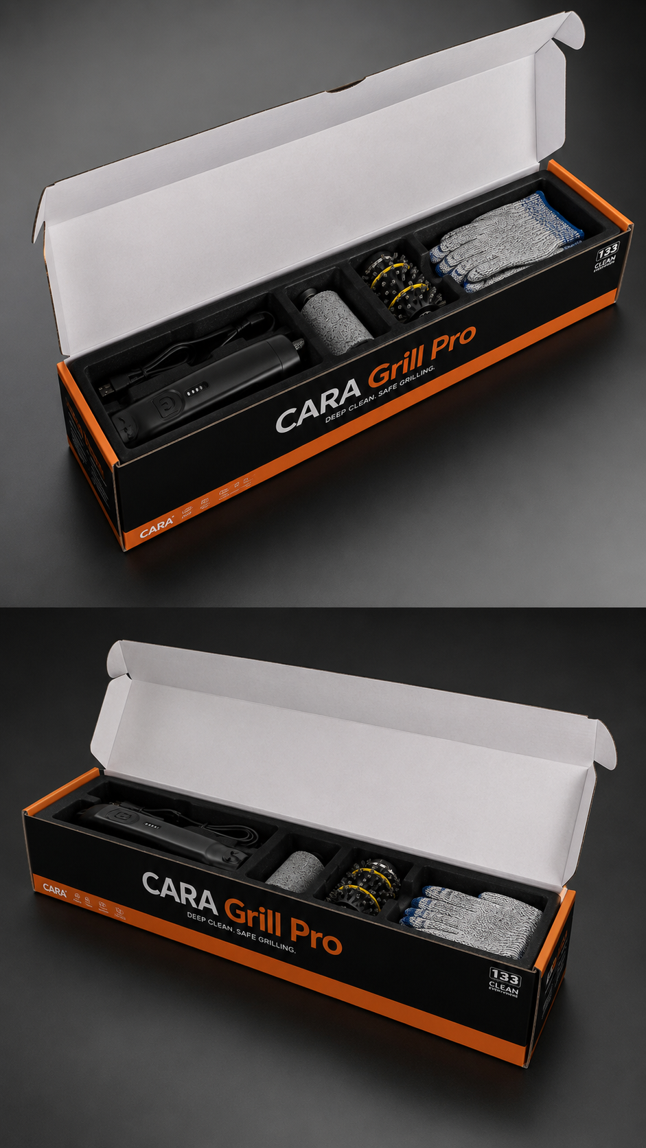 CARA Grill Pro kit flat lay with brush, roller, attachment and gloves